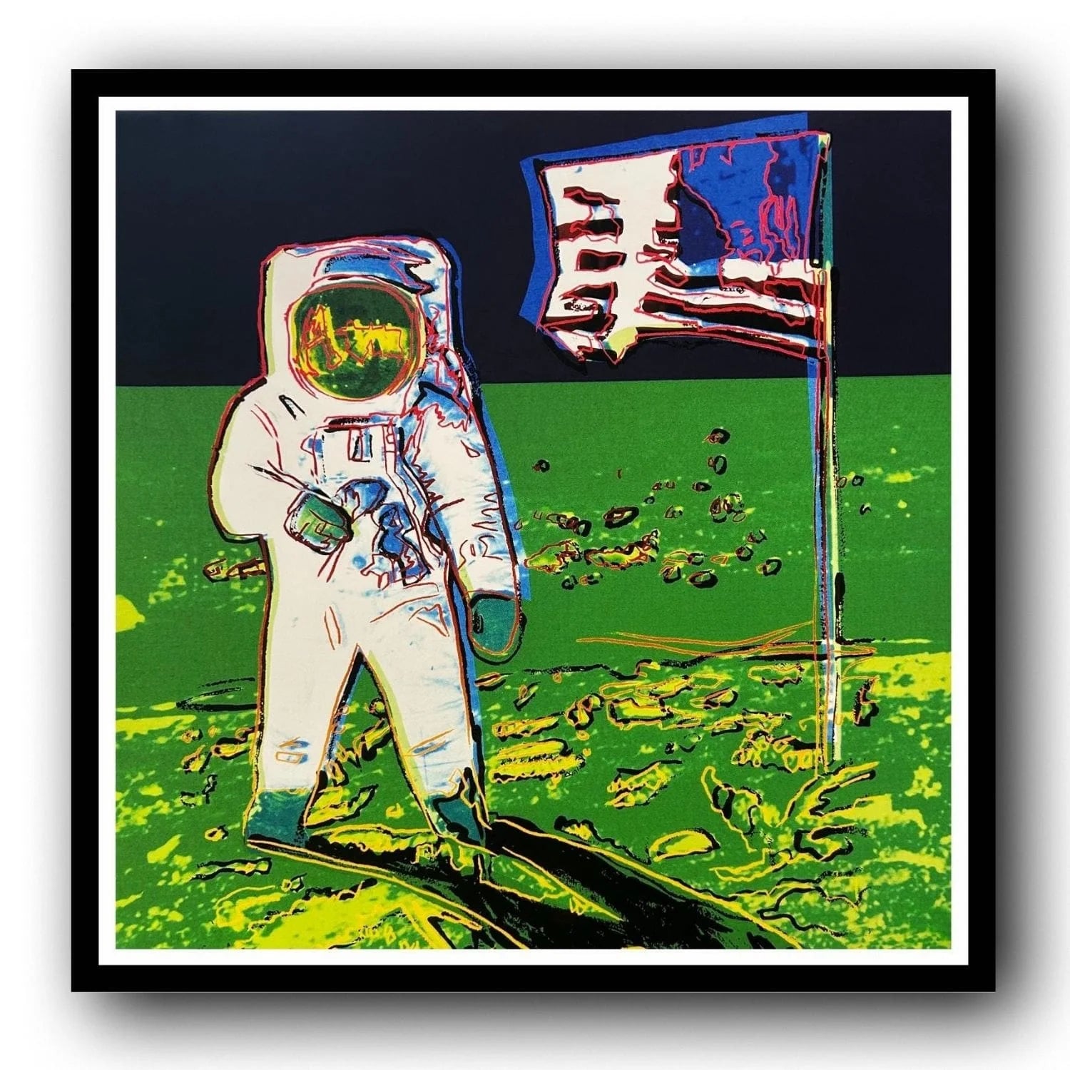 Colorful artwork of an astronaut on the moon with a flag, framed. Andy Warhol's Moonwalk.